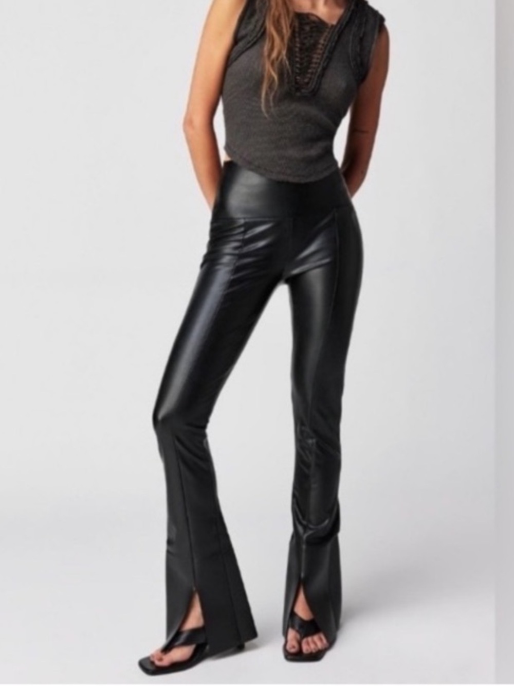 Norma Kamali Black Vegan Leather Slit Flare Pants 36